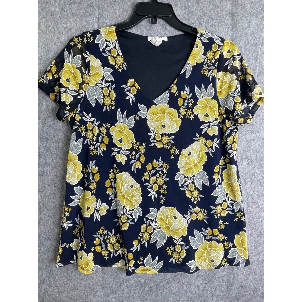 Rue Juju Navy Yellow Floral Blouse V-Neck Short Sleeve Top Garden Cottagecore L